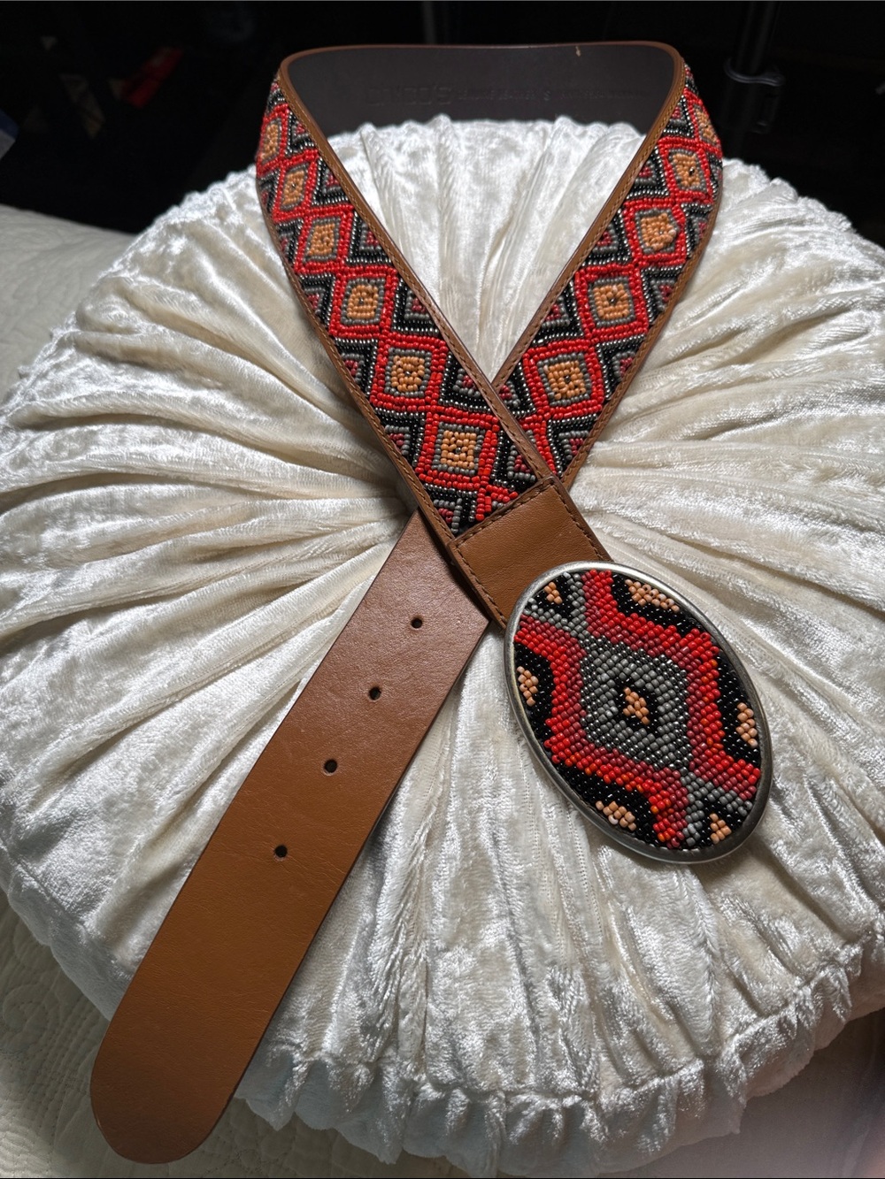 Chico's Brown Leather Belt with Red, Black and Tan Beaded Belt/ Buckle Western S